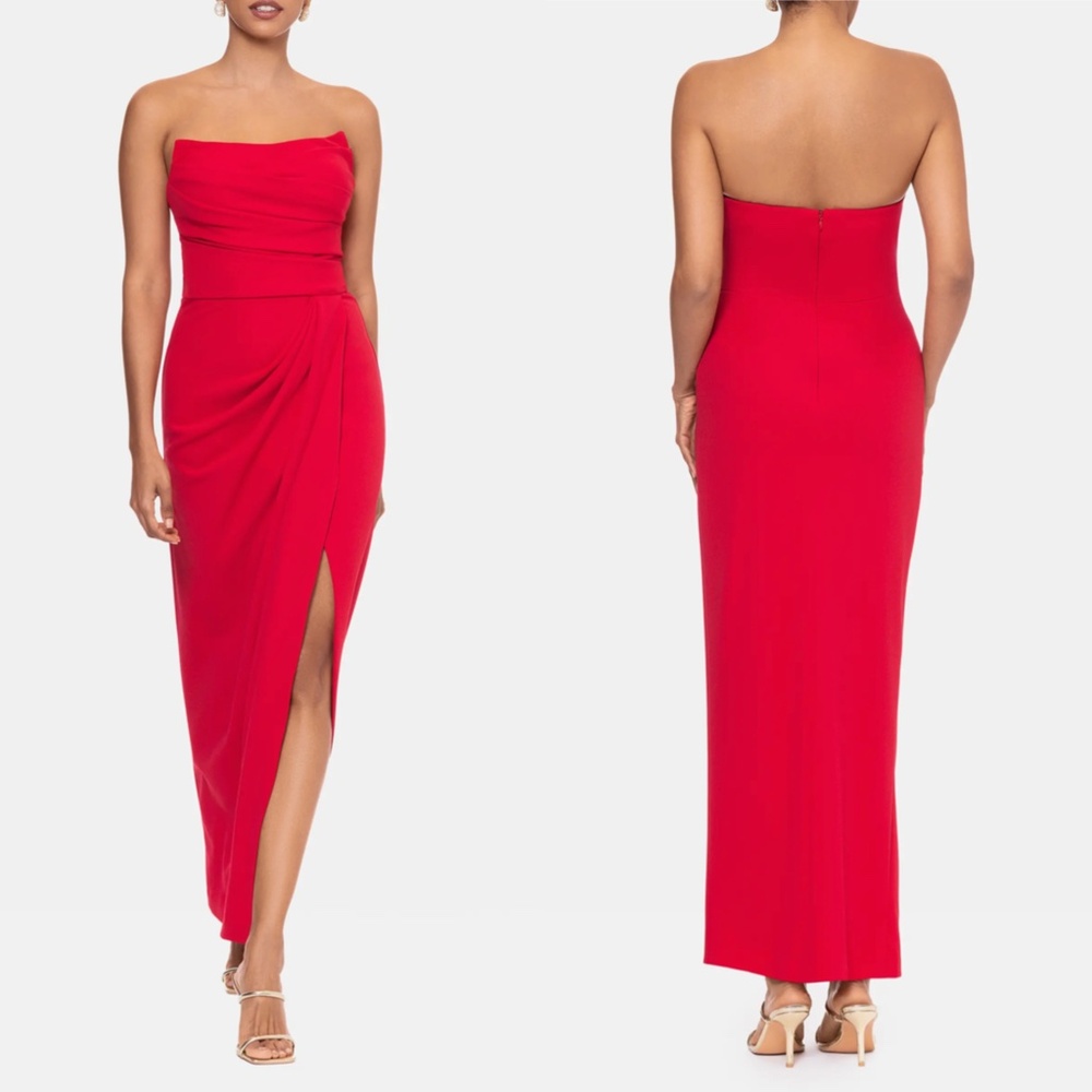 NEW Betsy & Adam RED Strapless PLEATED Scuba Crepe PLEATED Tulip EVENING GOWN 14